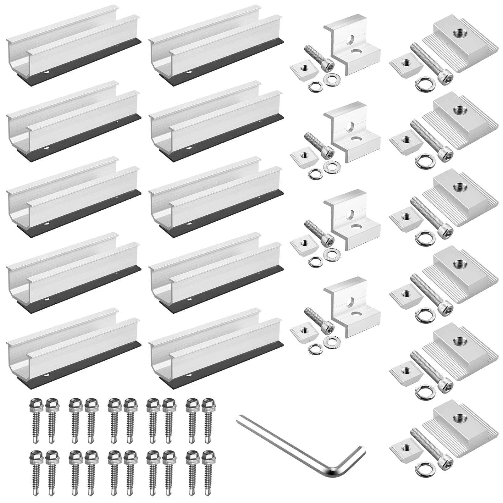 Anbte Kit di supporto per pannello solare, adatto per 4 pannelli solari da 30/35 mm, argento | 10 binari corti da 120 mm in alluminio con 6 morsetti centrali da 40 mm + 4 morsetti terminali da 40 mm + 1 chiave inglese