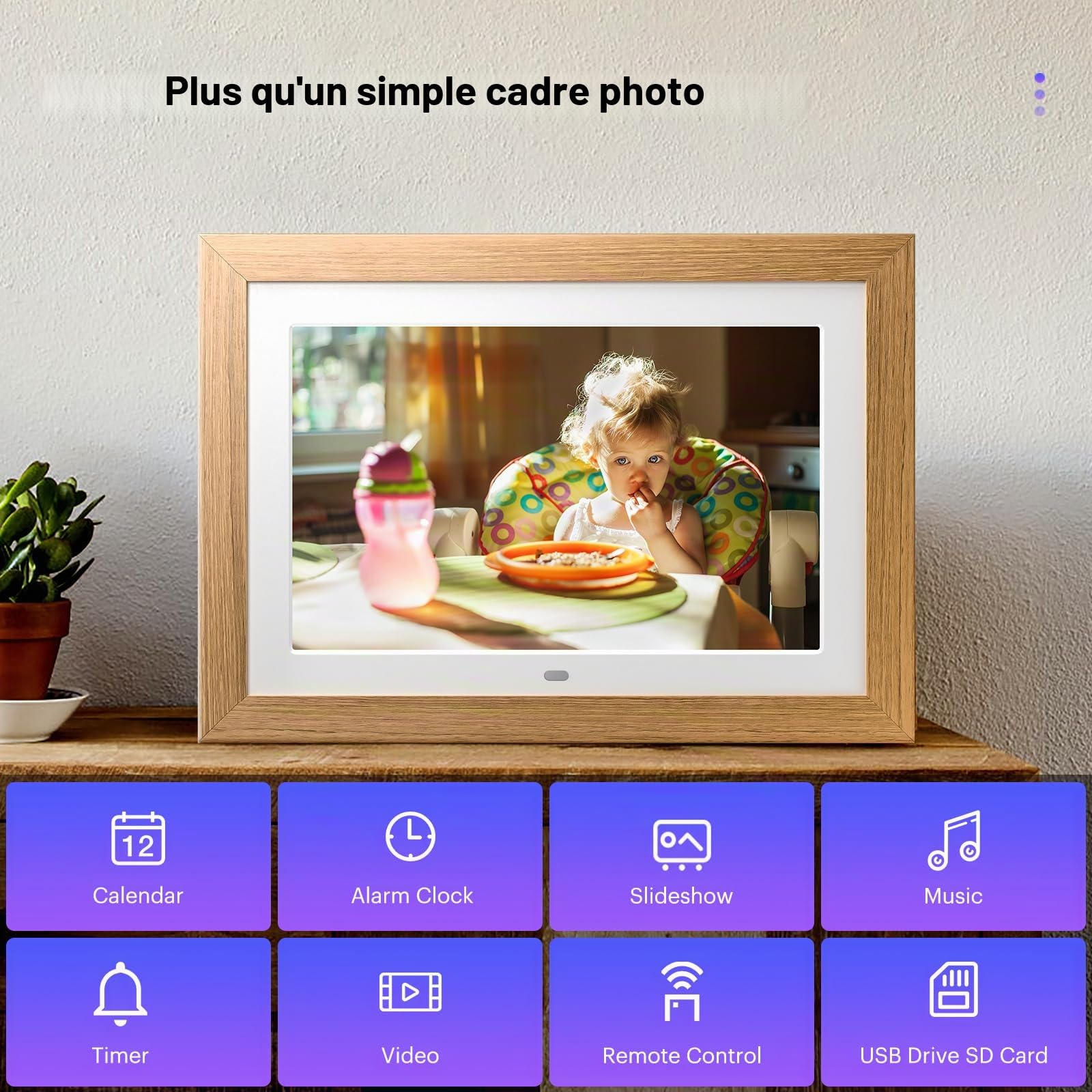 Cadre Photo numérique 10 Pouces, sans WiFi Cadre Photo numérique avec télécommande, HD Affichage Photo et vidéo, Support Carte SD de 32 Go, USB, Auto-Rotation, Automatique on/Off, Cadre en