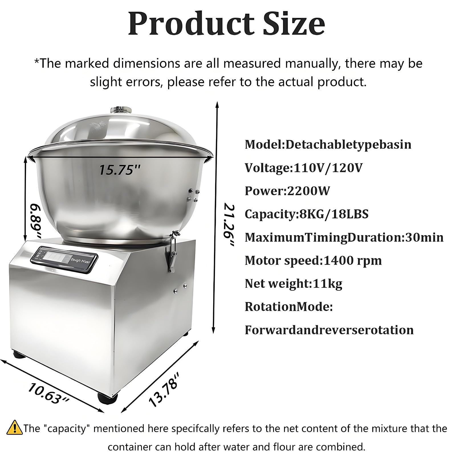 Elektrische Teigknetmaschine, 1800 W, doppelt rotierende Teigknetmaschine, 5 kg/8 kg Fassungsvermögen, doppelt rotierende Teigknetmaschine für Mehl-, Brot- und Pizzateig Teig 8Kg