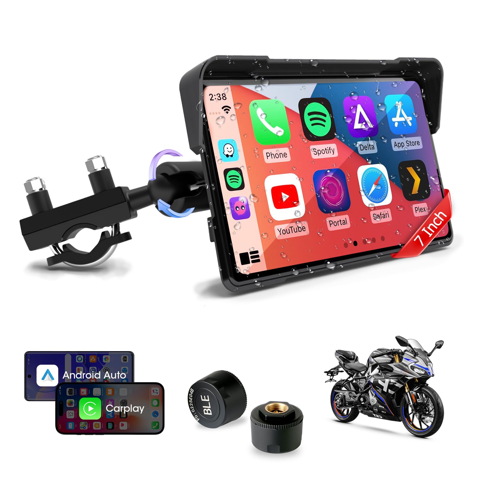 Vtopek 7" Carplay Moto Écran avec TPMS & 2 Options d'alimentation (USB/ACC) | Sans fil Carplay Android Auto, Navigation GPS Moto, IP67 Étanche, Double-Bluetooth, Commande Vocale, Pour Toutes les Motos