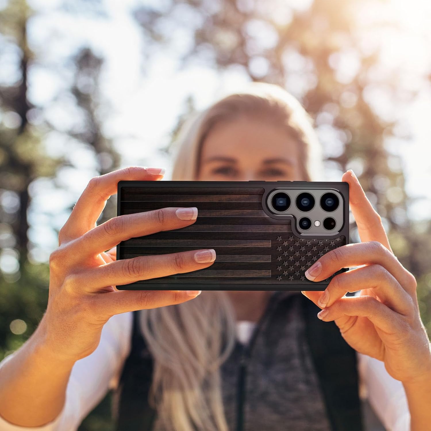 Carveit Wood Case for Galaxy S24 Ultra Case [Natural Wood & Black Soft TPU] Shockproof Protective Cover Unique Wooden Design Compatible with Samsung S24 Ultra (American Flag-Blackwood)