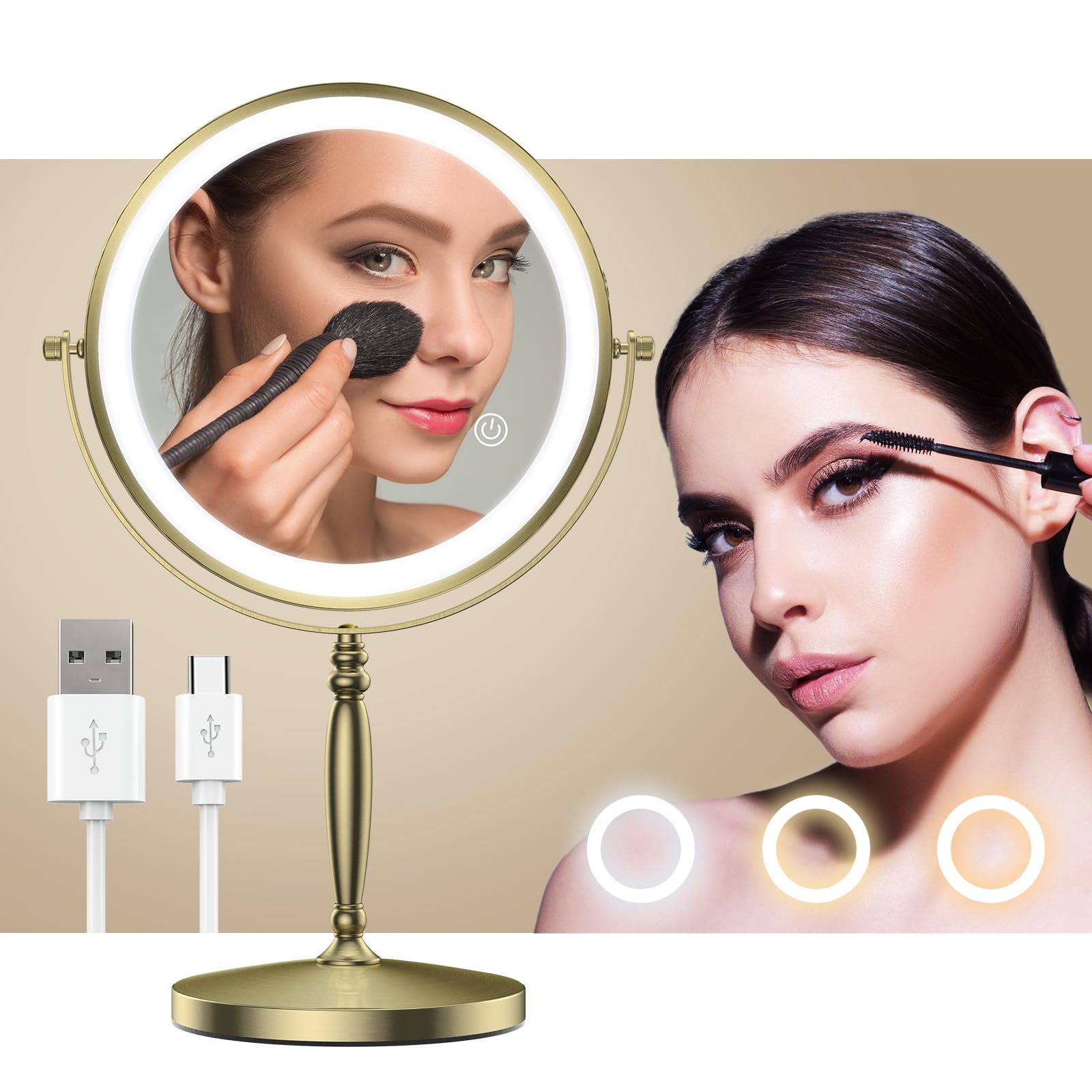 MATEPROX 8 Pollici Specchio da Trucco con Luci, Doppio Lato 1X 10X Ingrandimento, Specchio da Trucco Girevole con 3 Colori di Illuminazione, Sensore Touch e Regolazione della Luminosità-Oro