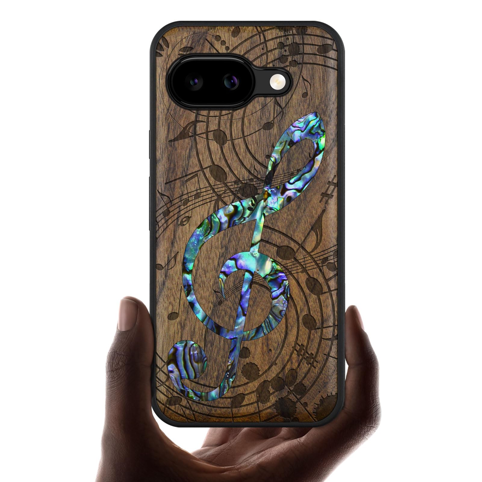 Carveit Bois Coque pour Pixel 9a, (Noyer-Note Musicale)