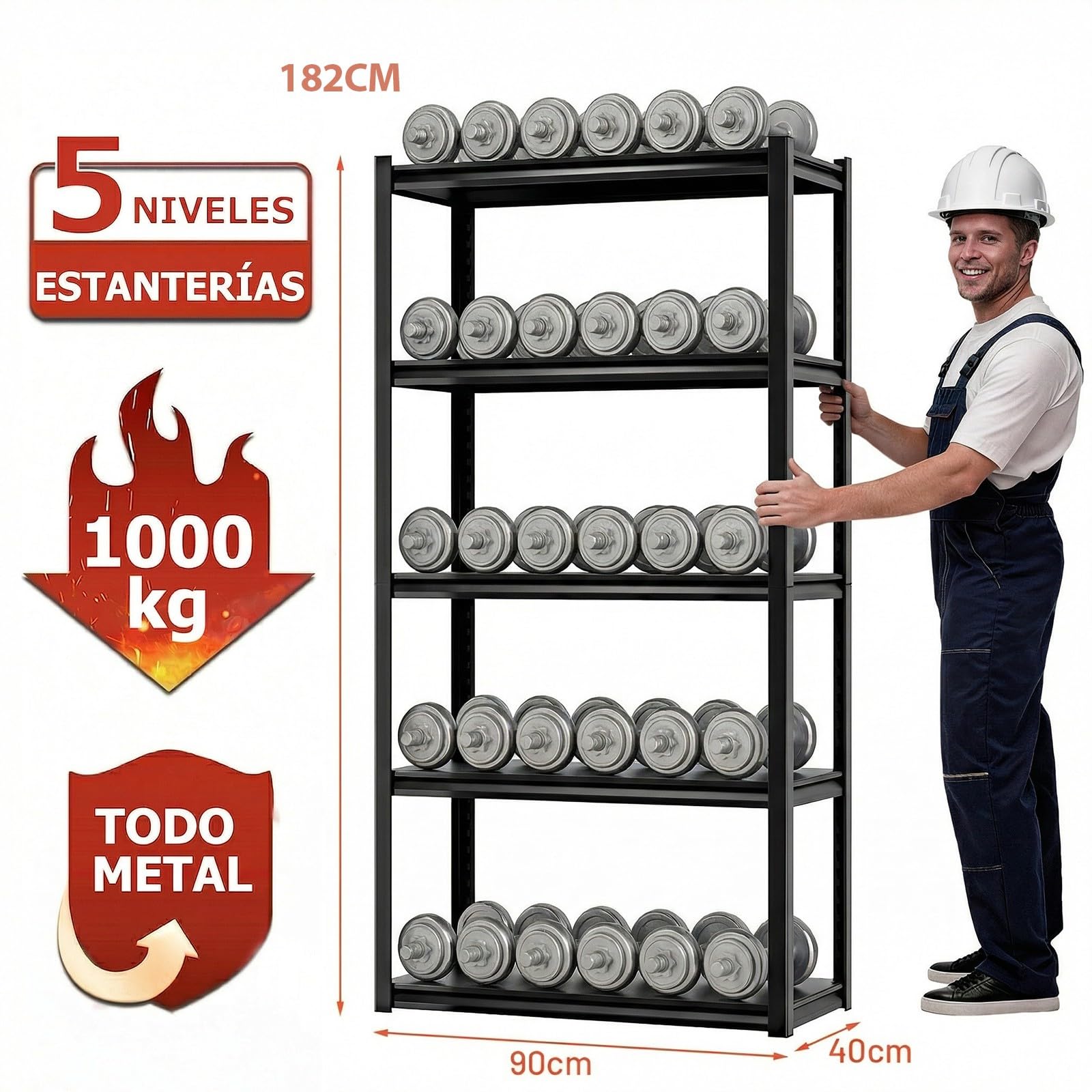 Himimi Estantería Metálica 5 Niveles 1000 kg Estantería de Almacenamiento Resistente con Baldas Regulables en Altura Estantería Abierta para Sótano Garaje Almacén Cocina Estantería 90x40x182cm Negro