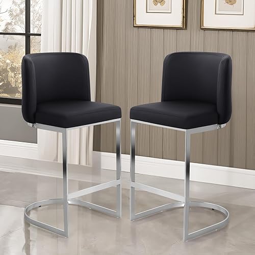 Miniatura 1 de Juego de 2 taburetes de bar modernos de 26 pulgadas con respaldo y marco de metal en forma de C, sillas de bar tapizadas de piel sintética para