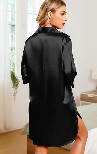 Miniatura 5 de Samring Camisones de seda para mujer, manga 34, con botones, camisola de satén para dormir