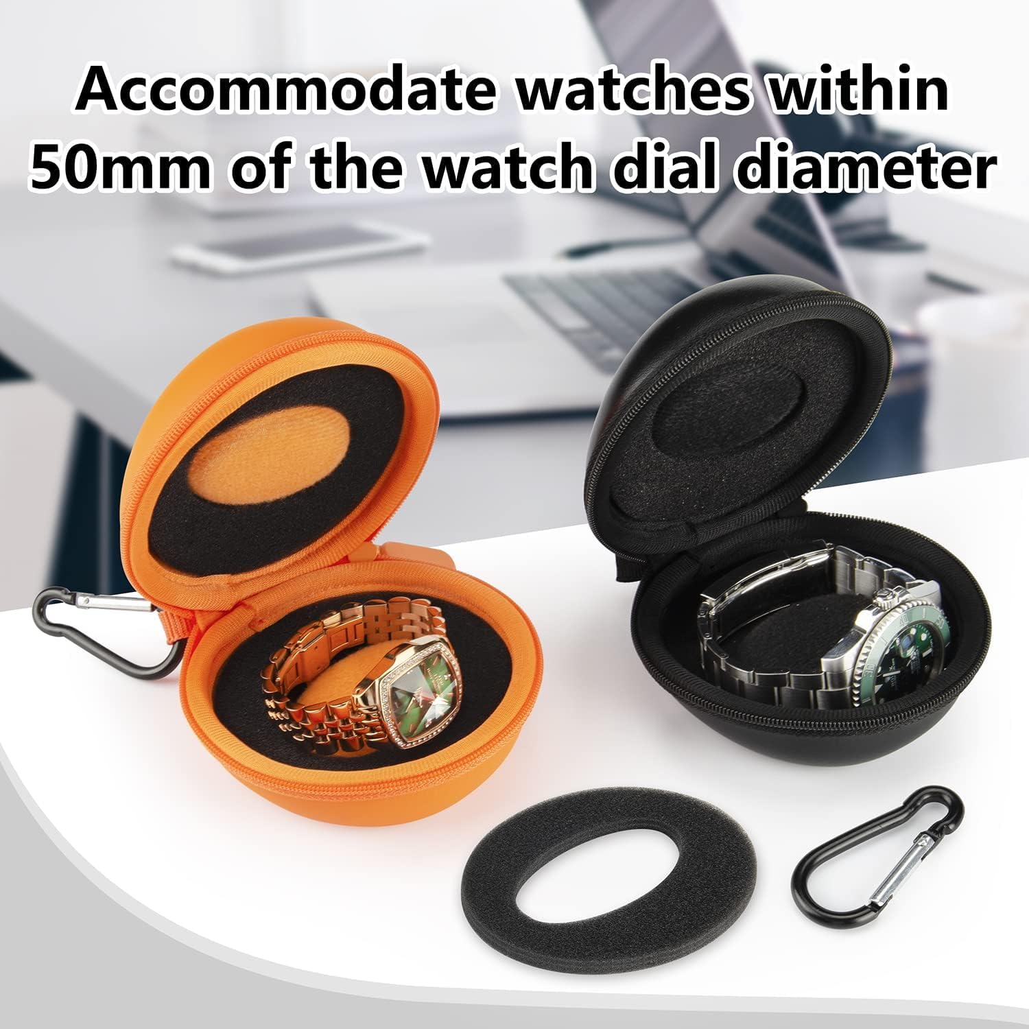 Estuche de Viaje para Relojes 50 mm Cremallera Mosquetón - Negro 2 Piezas