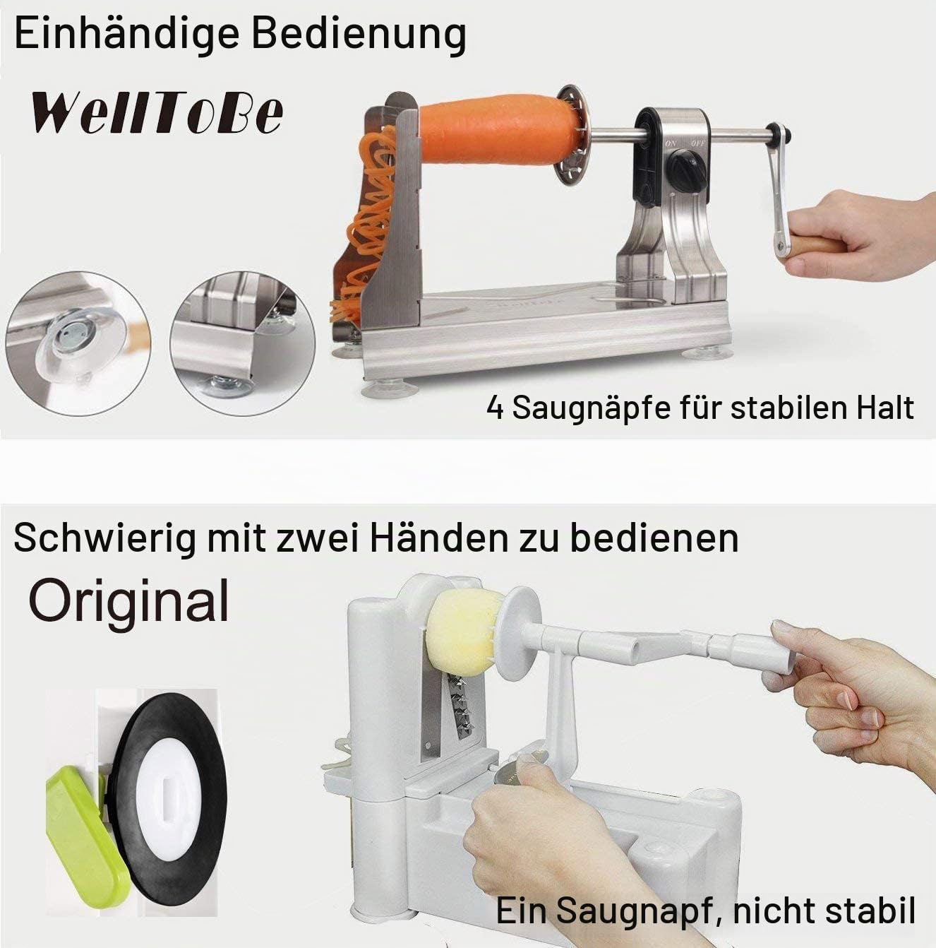Stahl Gemüse Spiralschneider Kartoffel, 6-Klingen Gemüsenudeln Spiralschneider Elektrisch, Zucchini Nudeln Schneider, Zoodle Maker Spiralschneider, 4 Saugnapf mit Anti-Rutsch Technologie