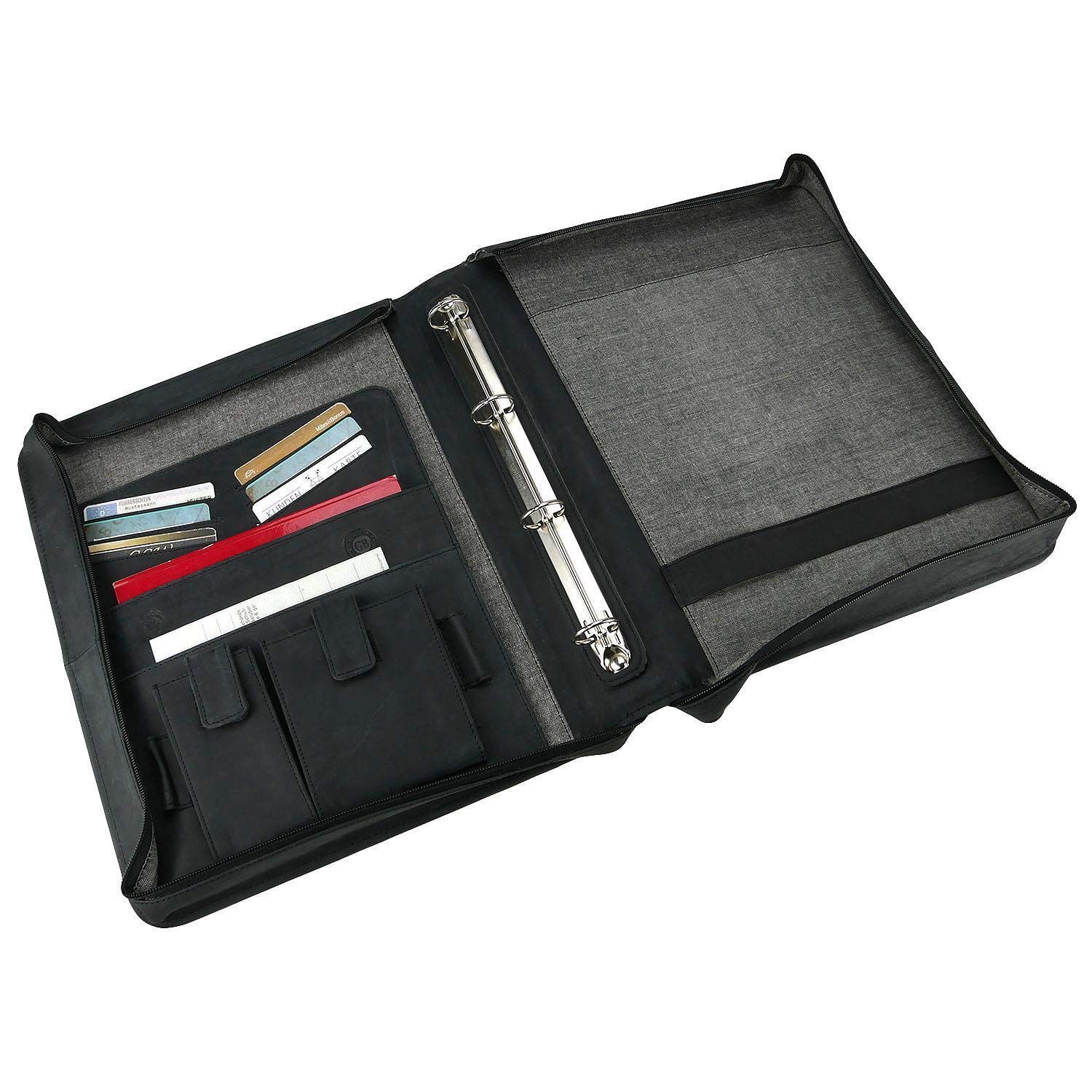 Greenburry Dokumentenmappe Leder - Schwarz Vintage Revival - Hochwertiges Rindsleder - Schreibmappe Leder - Konferenzmappe Leder - Ringbuch Leder