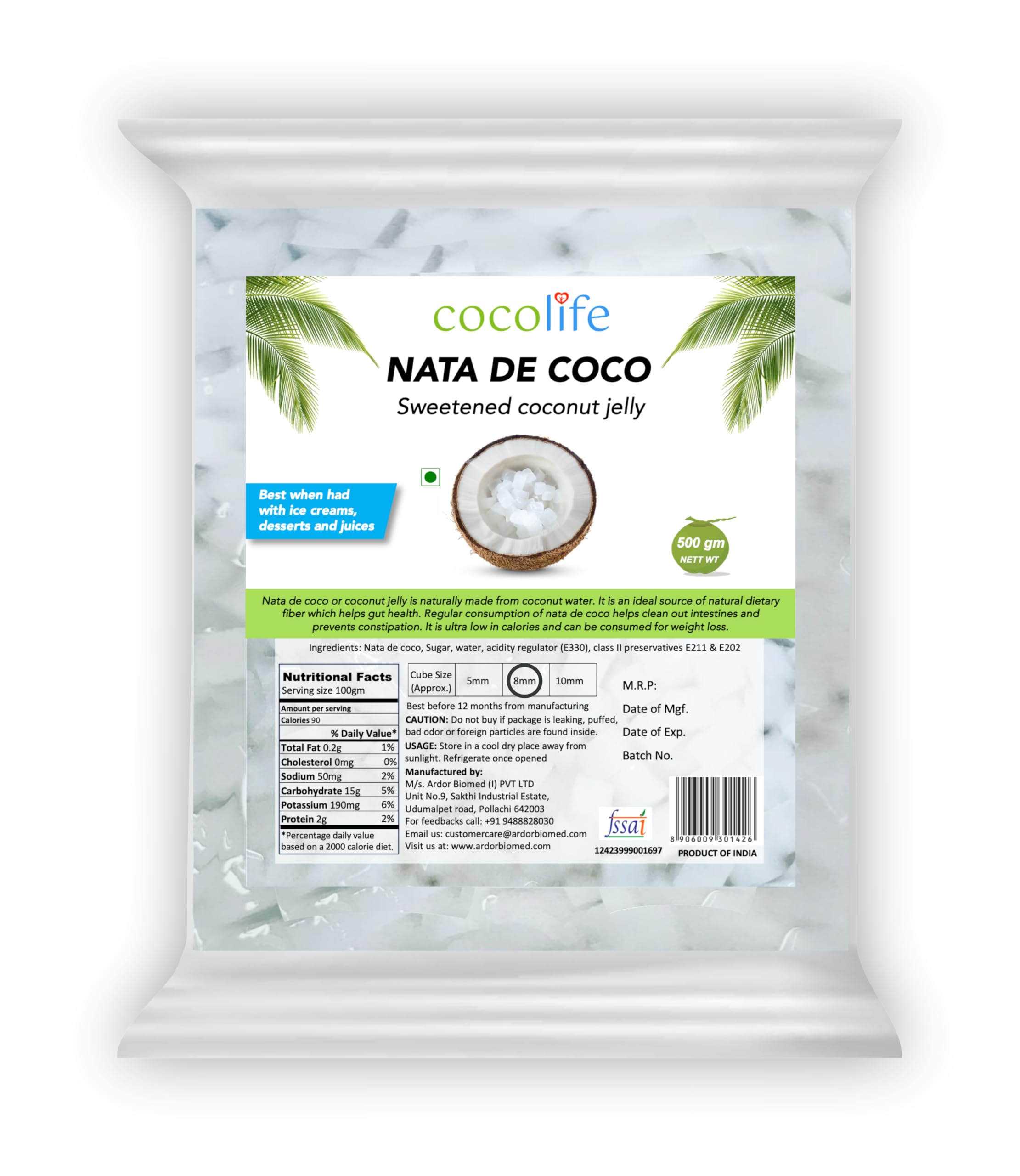 Nata De Coco Coconut Jelly - 500g || Delicious & Refreshing Coconut Jelly for Desserts & Beverages (8 mm)