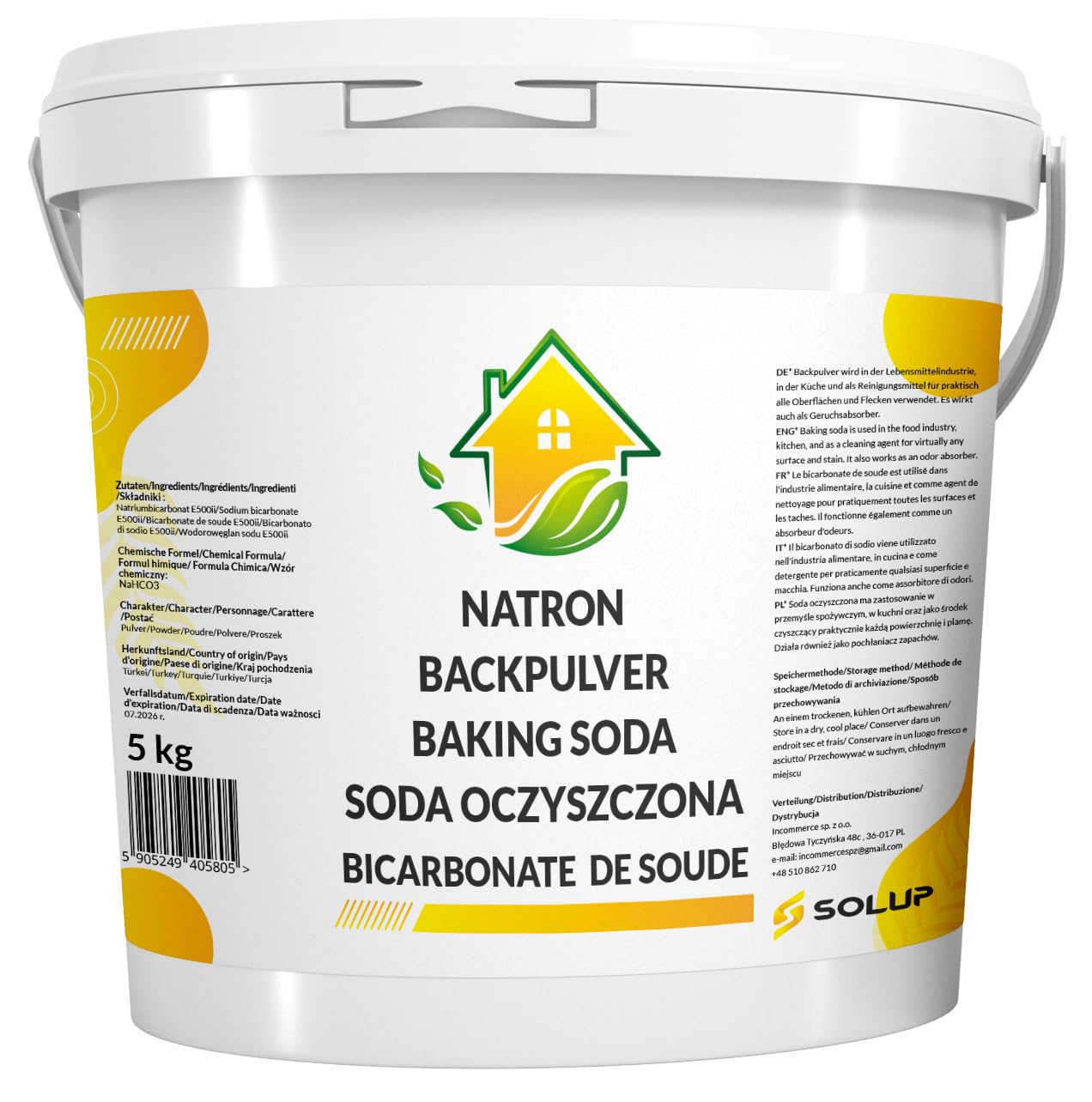 SOLUP Natron Pulver 5 kg Eimer | Lebensmittelqualität E500ii NaHCO3 | Natriumbicarbonat 99% | vegan ohne Zusätze | HACCP Werk | Vorratseimer wiederverschließbar | CAS 144-55-8