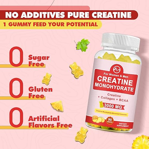 Miniatura 4 de Paquete de 2 gomitas de creatina monohidrato, suplementos de creatina masticables sin azúcar para hombres y mujeres, ganancias de gomita de creatina