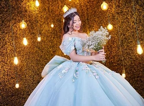 Miniatura 2 de Mauuwy Vestidos de quinceañera florales en 3D, vestido de baile de tul brillante hinchado, dulce 16 vestidos de encaje con hombros descubiertos