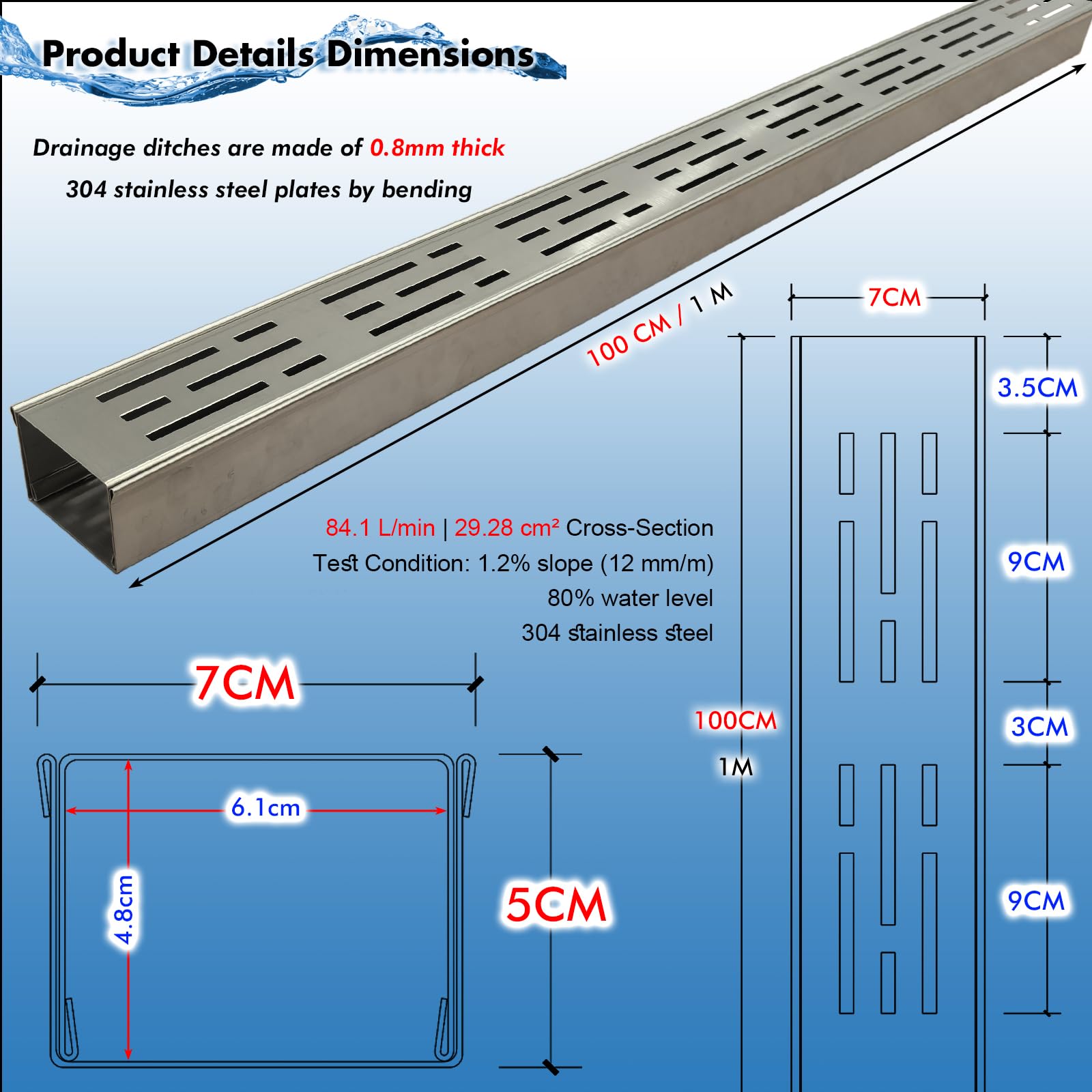Piccolo Canaletta Scolo Acqua Piovana Acciaio Inox 304, Largo 7 cm, Lungo 4 m - Canalina Lineare per Terrazza, Piscina, Marciapiede - Kit con Griglia di Scolo e Connettore
