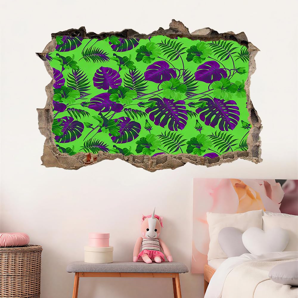 3D Wandtattoo Wanddurchbruch, Palmenblätter Durchbruch Wandaufkleber für Kinderzimmer, sticker für Wohnzimmer, Tropische Pflanzen, Grün Und Lila Wandsticker, Wandbild Junge Mädchen Schlafzimmer