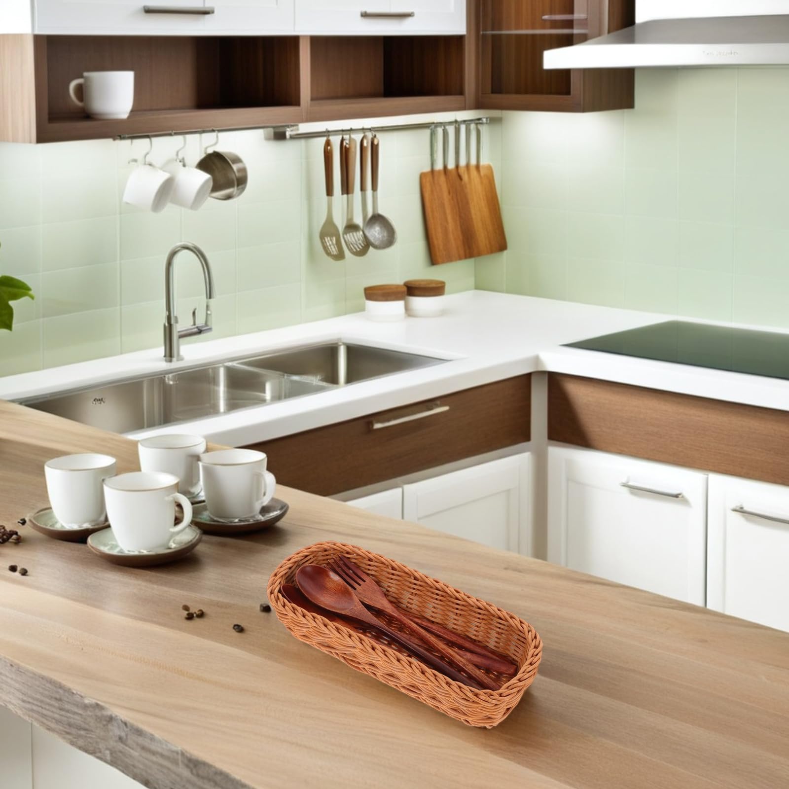 Veemoon Cesta de Almacenamiento Imitación Ratán para Cubiertos y Palillos Caja Plástica Tejida Organizador Versátil para Cocina Diseño Natural Práctico y Ordenado
