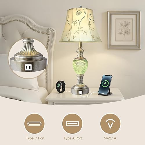 Miniatura 4 de Juego de 2 lámparas de mesa de noche con luz nocturna y puertos USB A+C, lámparas de mesa vintage de 27" de alto con acabado de hoja de plata
