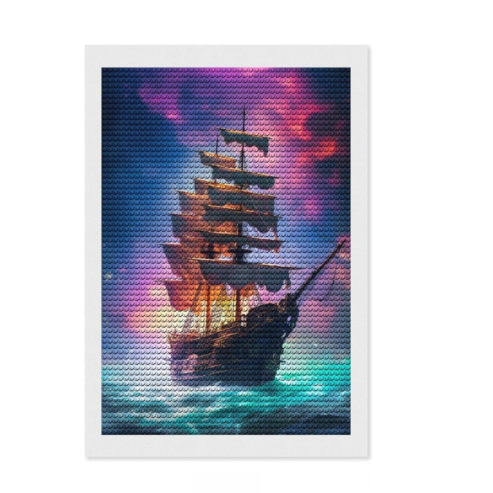 Junmoney Amazing Pirate Ship Diamond Painting Set 8"x12", for Family Craft Time, Sparkling Round Gems, Christmas Gift, Bedroom Decor