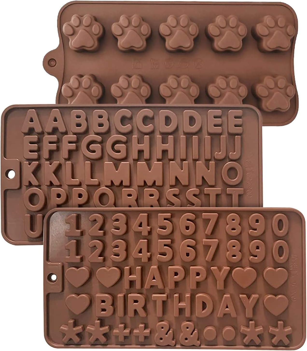 Silicone Molds Dog Treat Molds Silicone Letter Mold with Happy Birthday Cake Decorations Symbols Silicone Molds for Chocolate, Baking, Candy, Jelly, Ice Cube Silicone Dog Paw Molds