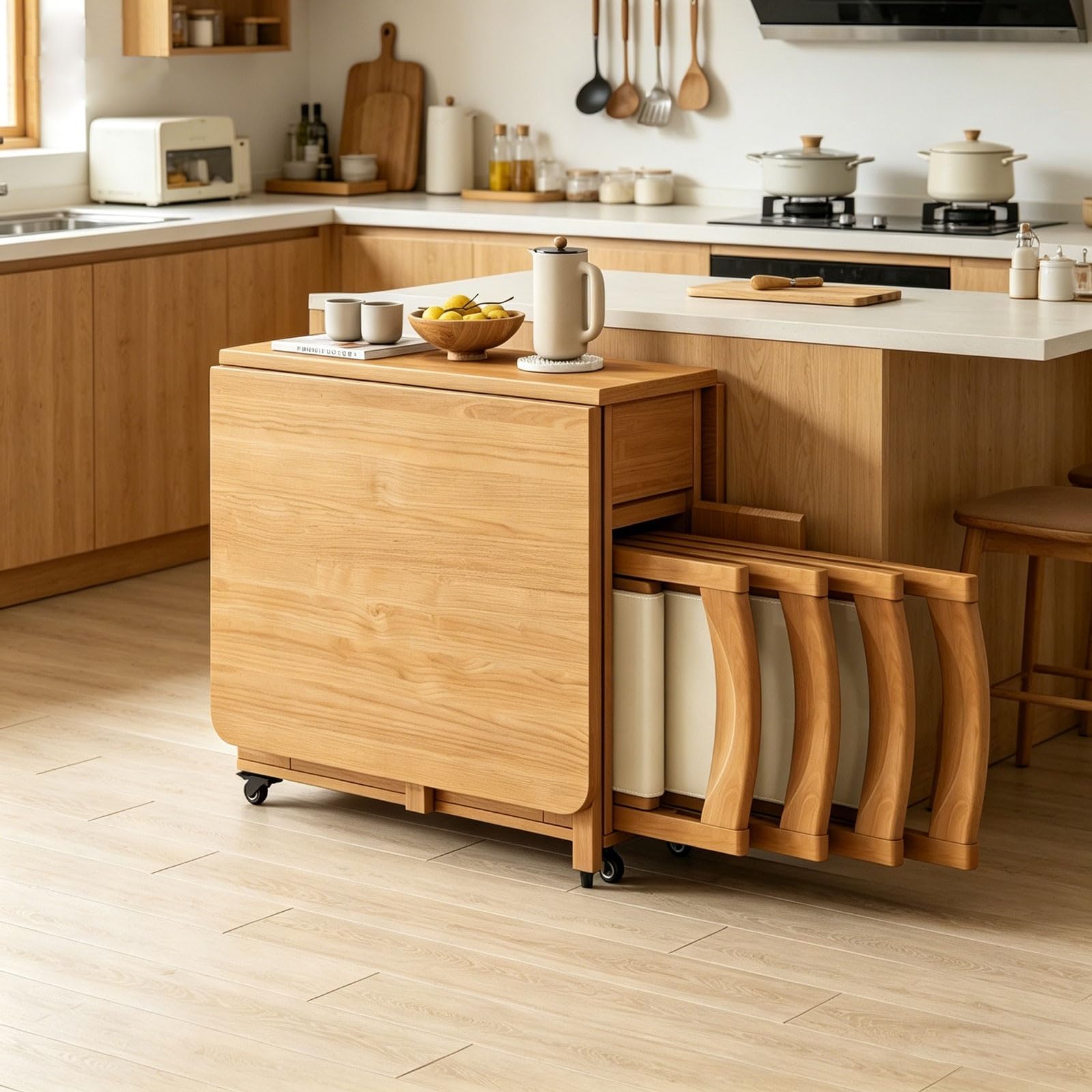 Juego de Mesa de Comedor Plegable, Comedor Extensible Que Ahorra Espacio con 2 cajones de Almacenamiento Ocultos y 4 Ruedas, Mesa Auxiliar abatible for Apartamentos y hogares