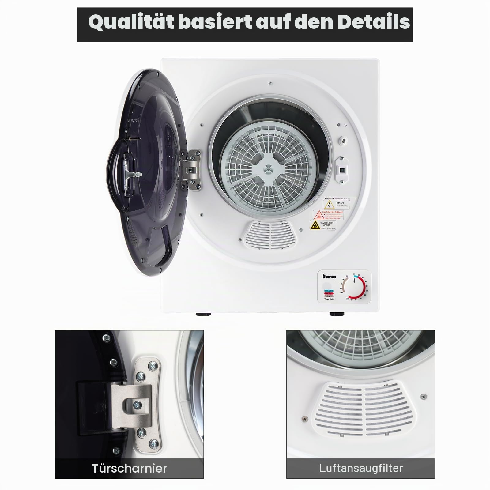 ROVSUN 2.5 KG Ablufttrockner Wäschetrockner Mini Trockner Trockenmaschine Kompakt-Trockner Mechanische Steuerung Edelstahl-Trommel & ABS 850W, Weiß