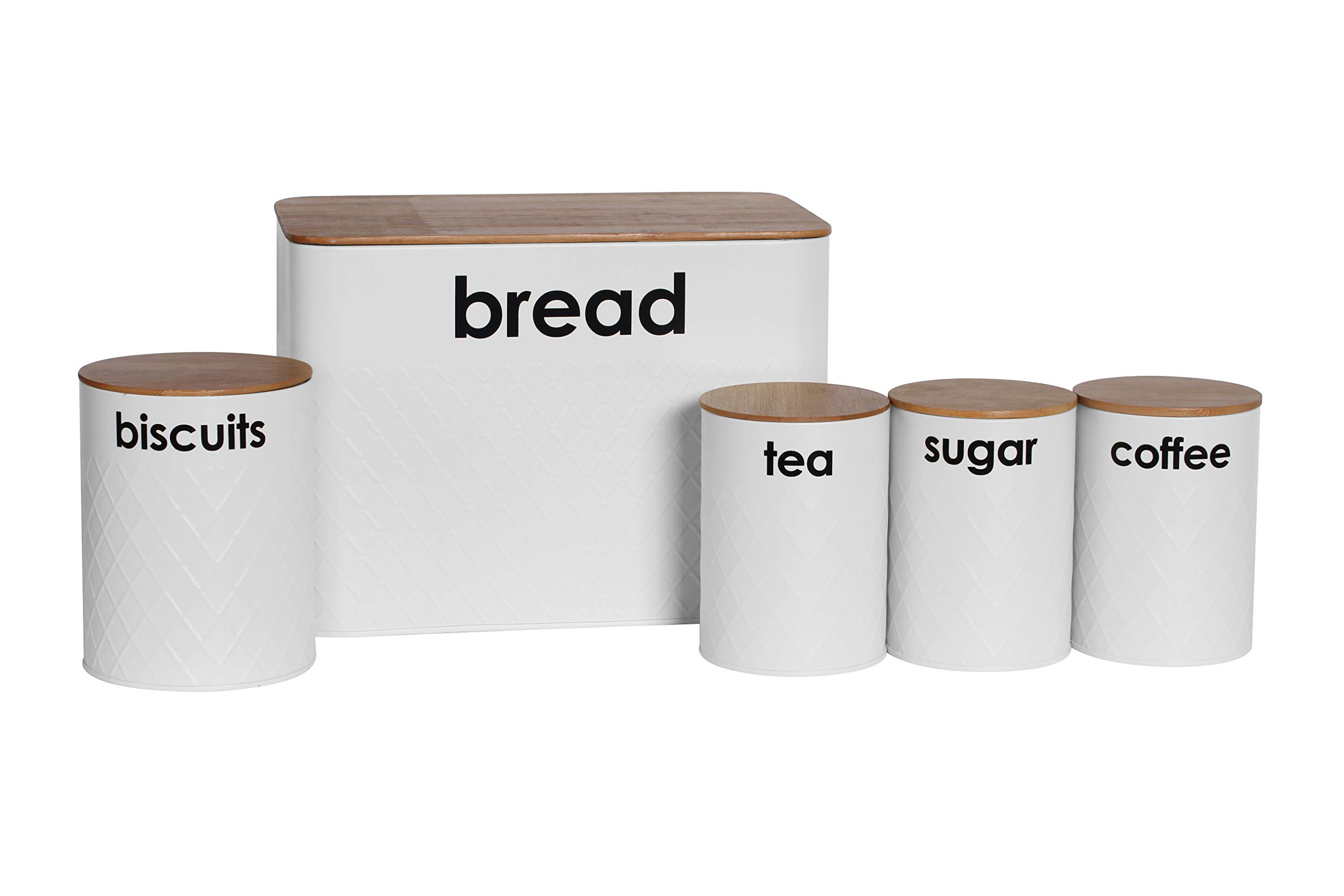 5pc Kitchen Storage Set with Airtight Bamboo Lids Includes Tea Coffee Sugar with Matching Biscuit Barrel Canister Jar & Bread Bin by Crystals® (White)