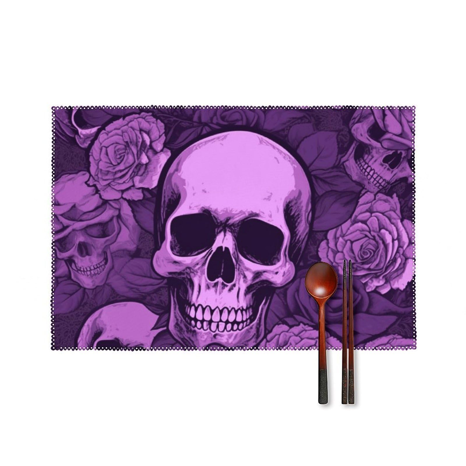 Purple Skulls and Roses Placemats Set of 6, 12x18 Inch Heat Resistant Washable Canvas Table Mats, Stain Resistant Decorative Dining Placemats for Kitchen, Restaurant, Outdoor Party