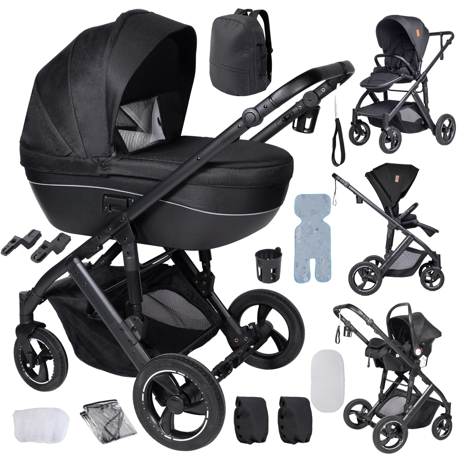 3 in 1 Travel Systems Baby Stroller with Carrycot, Sleeping Basket, Shock-Absorbing, 0-48 Months (3 in 1 Brown) — view 17