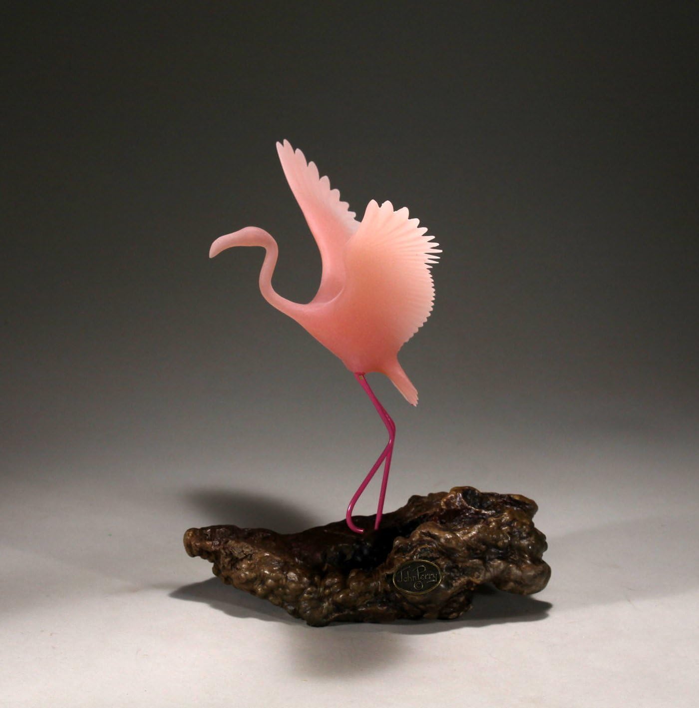 Flamingo Sculpture by John Perry in Flight 8in High on Polished Burlwood Base. Signed.