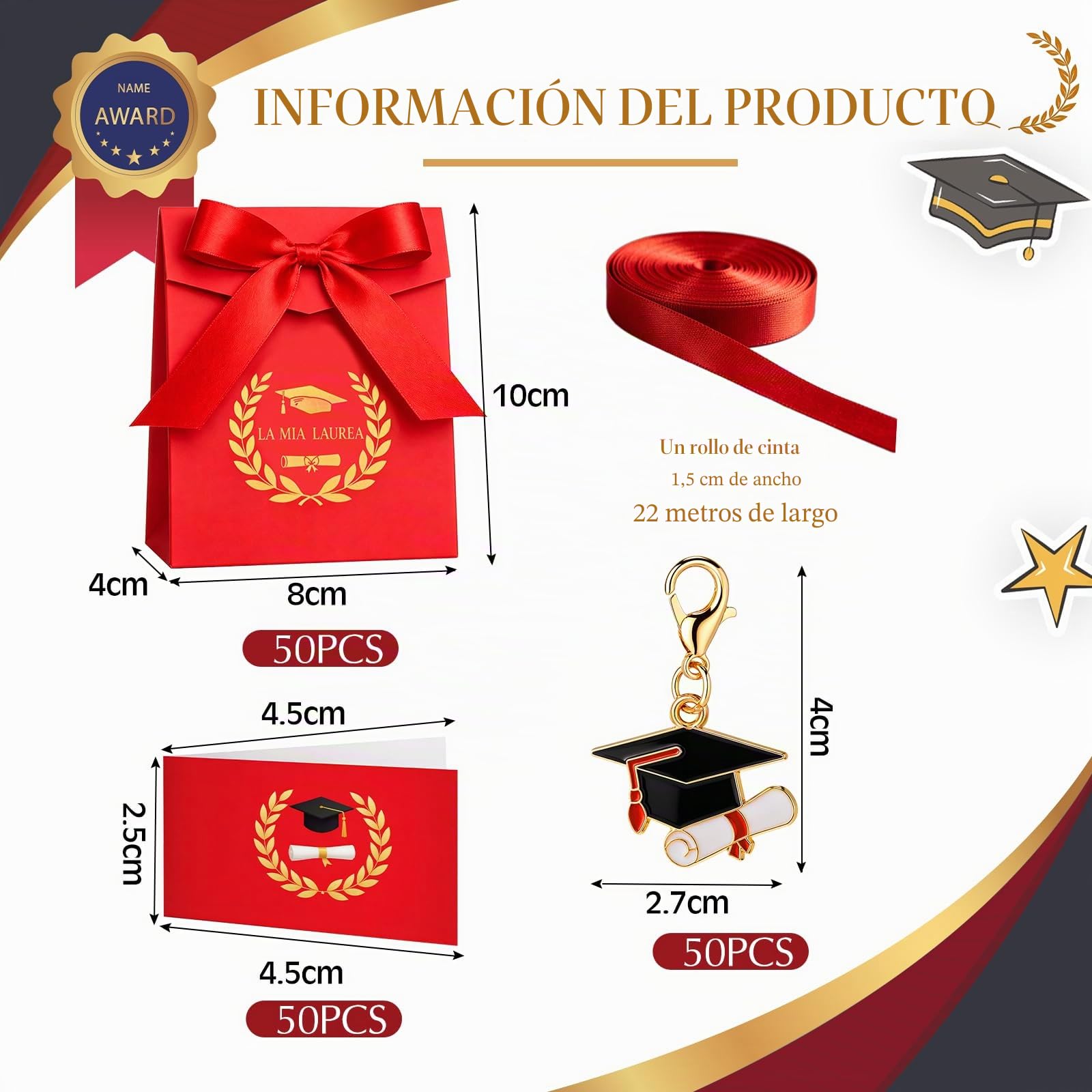 BBTO 50 Sets Recuerdos de Graduación 50 Llaveros de la Suerte 50 Cajas 50 Etiquetas para Recuerdos de Graduación 1 Cinta de Regalo Para Fiestas Ceremonias Hombres Mujeres
