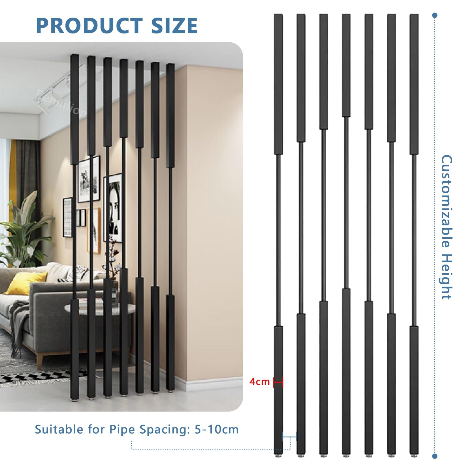 Adjuble Metalowa ścianka działowa Sn 100-300 cm, przegroda prywatności do biura i domu, czarne listwy od podłogi do sufitu, panel ścienny (10 szt., 125 cm / 49in)