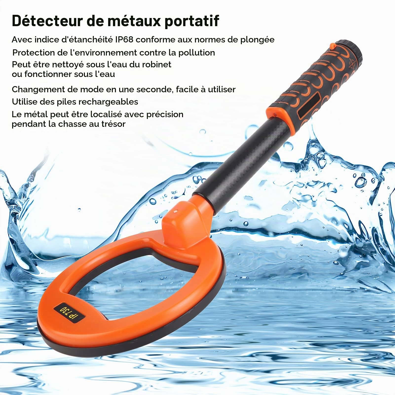 Kadimendium Détecteur de Métaux sous-Marin IP68 étanche 30 M‑60 M Boîtier ABS Portable Détecteur d'argent Doré Détecteur de Métaux Gold Hunter pour la Plongée(Orange)