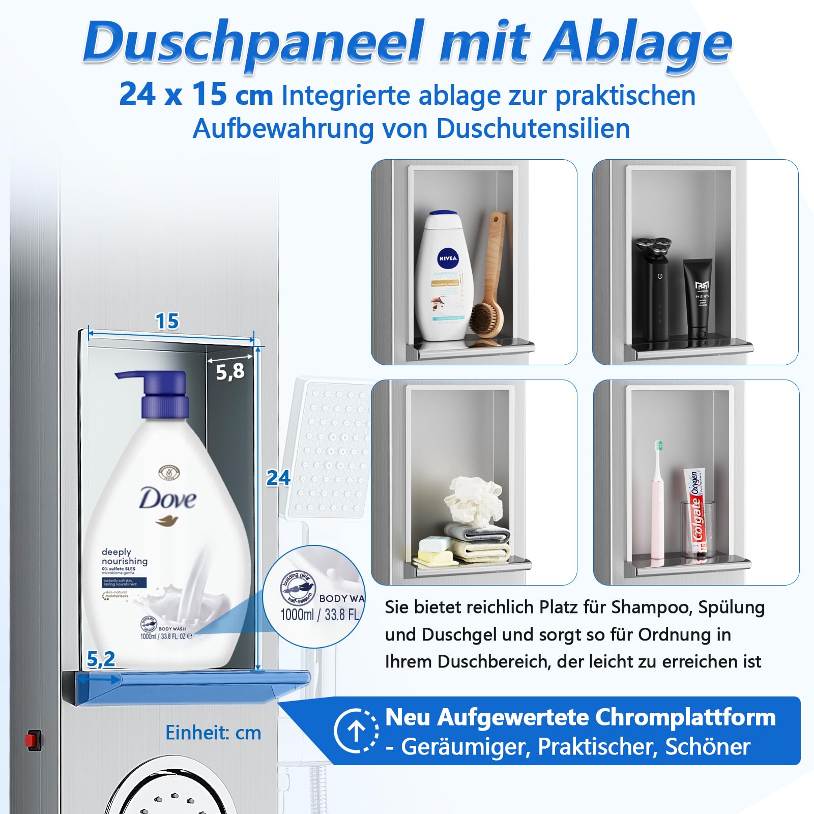 ROVOGO Duschpaneel mit Ablage und Armatur, 5 Funktionen Duschsäule mit LED: Nebel- und Regen Duschkopf, 2 Massagedusche, 3-Modus Handbrause, Wasserfall Wanneneinlauf, Duschpaneele Edelstahl Gebürstet