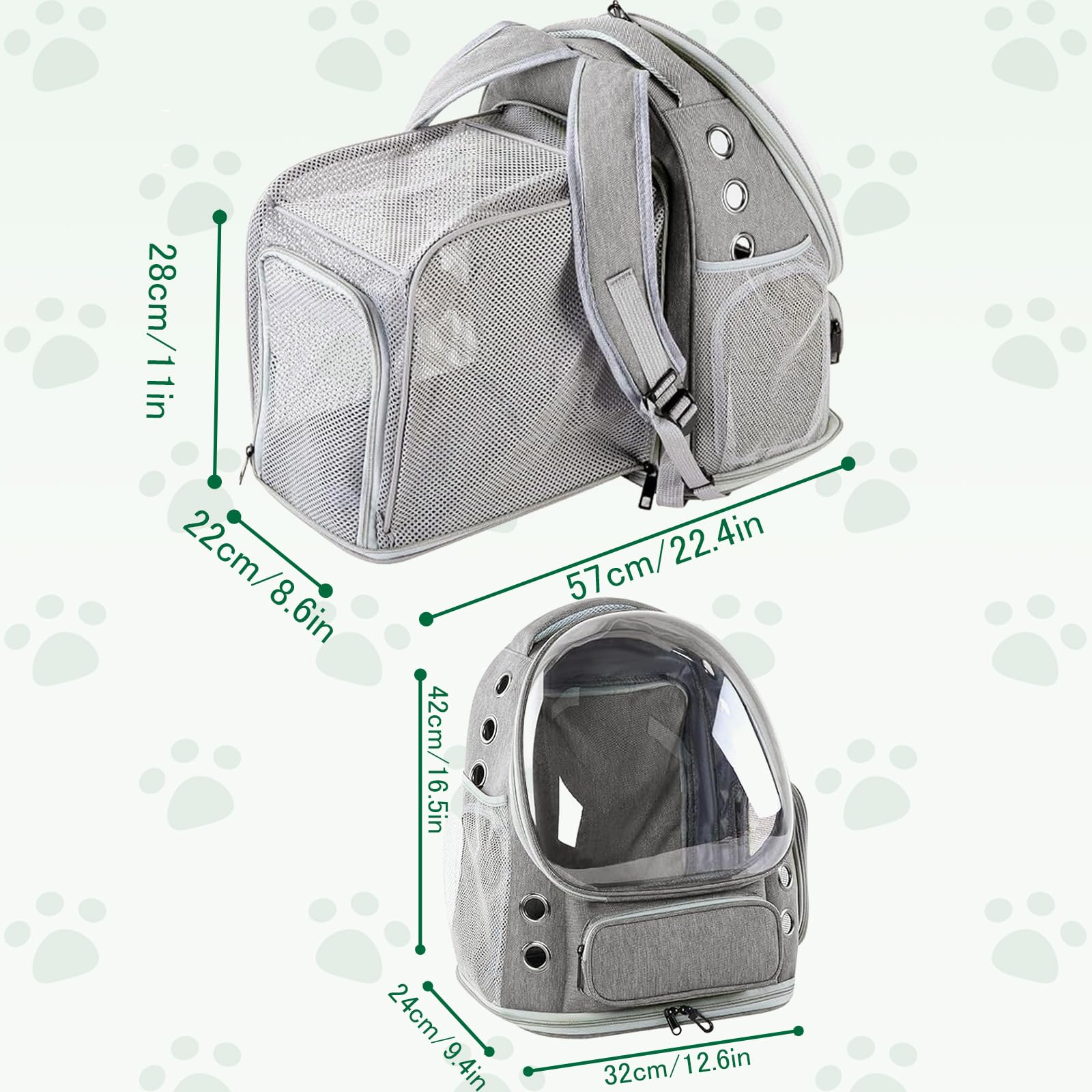 Transportin Mochila Gato Transparente Extensible, Mochila para Gatos Transporte Burbuja, Mochila Mascota Gato y Perros Pequeños Medianos hasta 8kg, Transpirable Plegable para Viajes Coche Gris