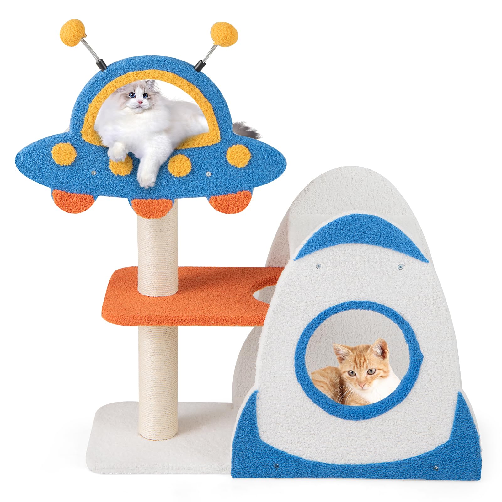GYMAX Cat Tree, Small Cat Tower with Sisal Scratching Posts, UFO-Shaped Top Perch, 2-Tier Rocket-Shaped Condo & Spring Toys, Cute Cat Furniture for Indoor Cats