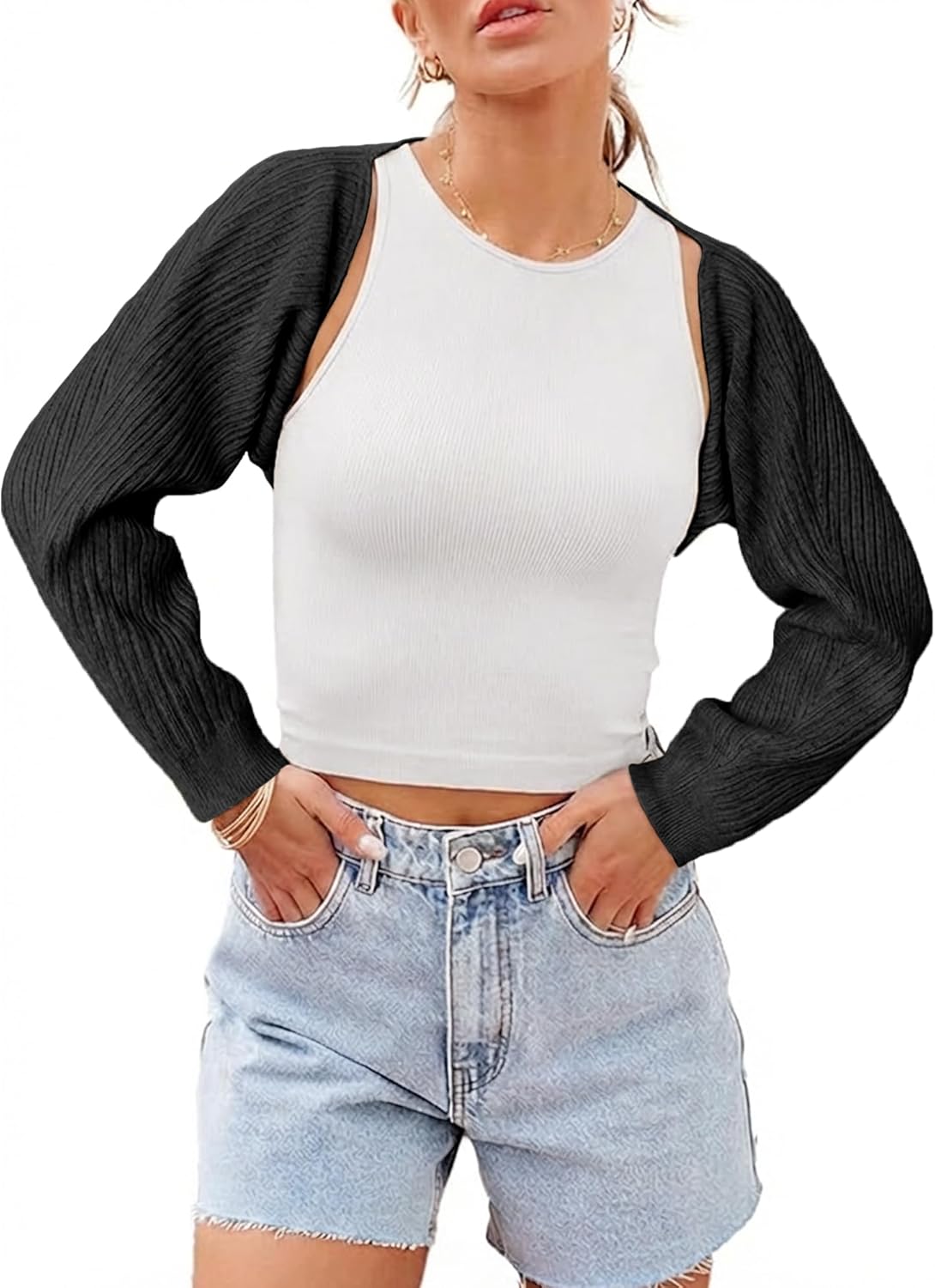 Womens Y2K Open Front Bolero Shrug Cropped Sweater Cardigans Loose Puff Long Sleeve Crop Ribbed Knit Tops