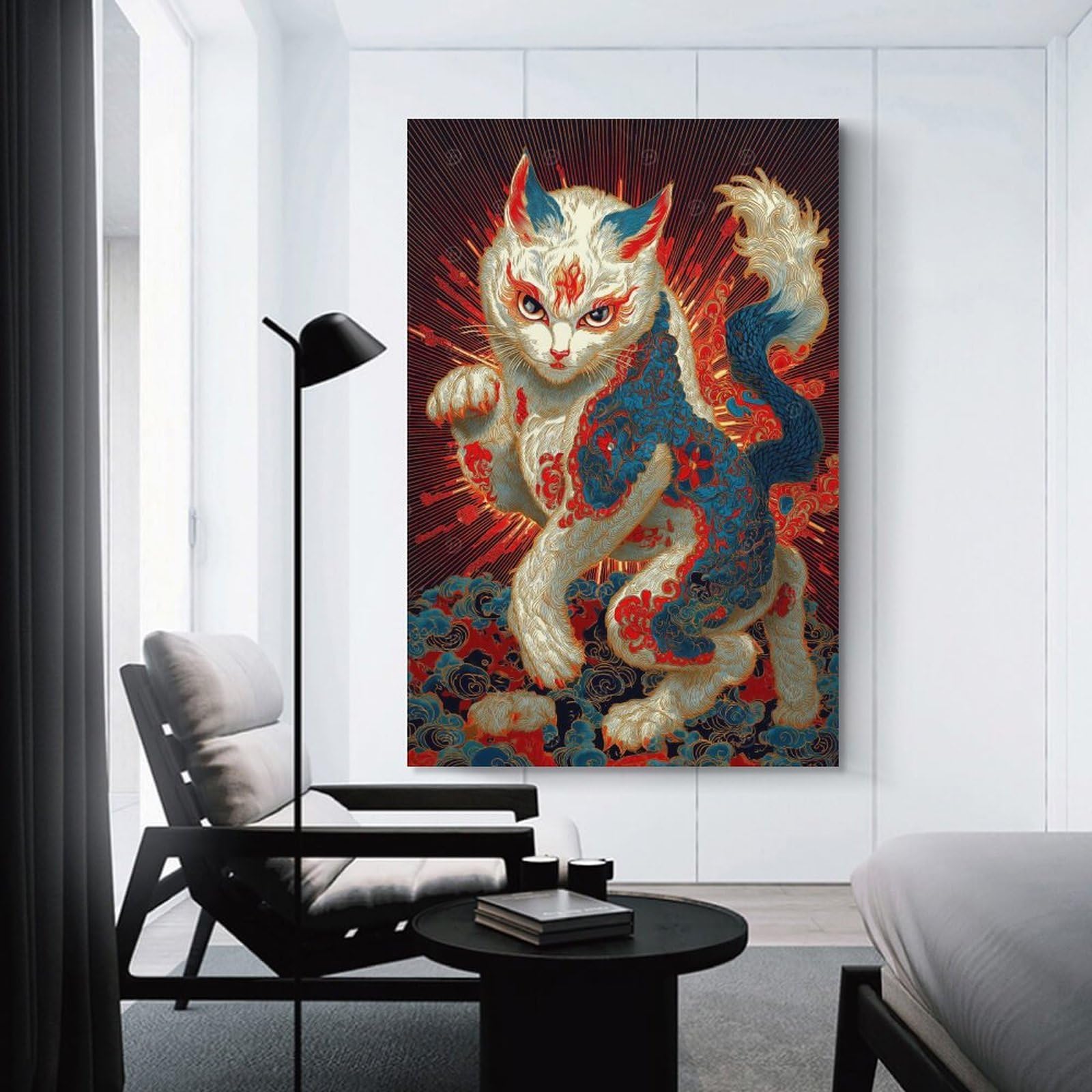 Junmoney Wall Picture Print Ornate Cat Illustration with Asian Motifs, 24x36inch(60x90cm), for Lounge, Bedroom Or Personal Spaces, Canvas Artwork with Gifting Potential