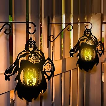 1PC Halloween Metal Lanterns, Black, Spooky Tree Bat Ghost Spider Design Hangings, Indoor Outdoor Decorative Gothic Style Light Art for Garden Home D