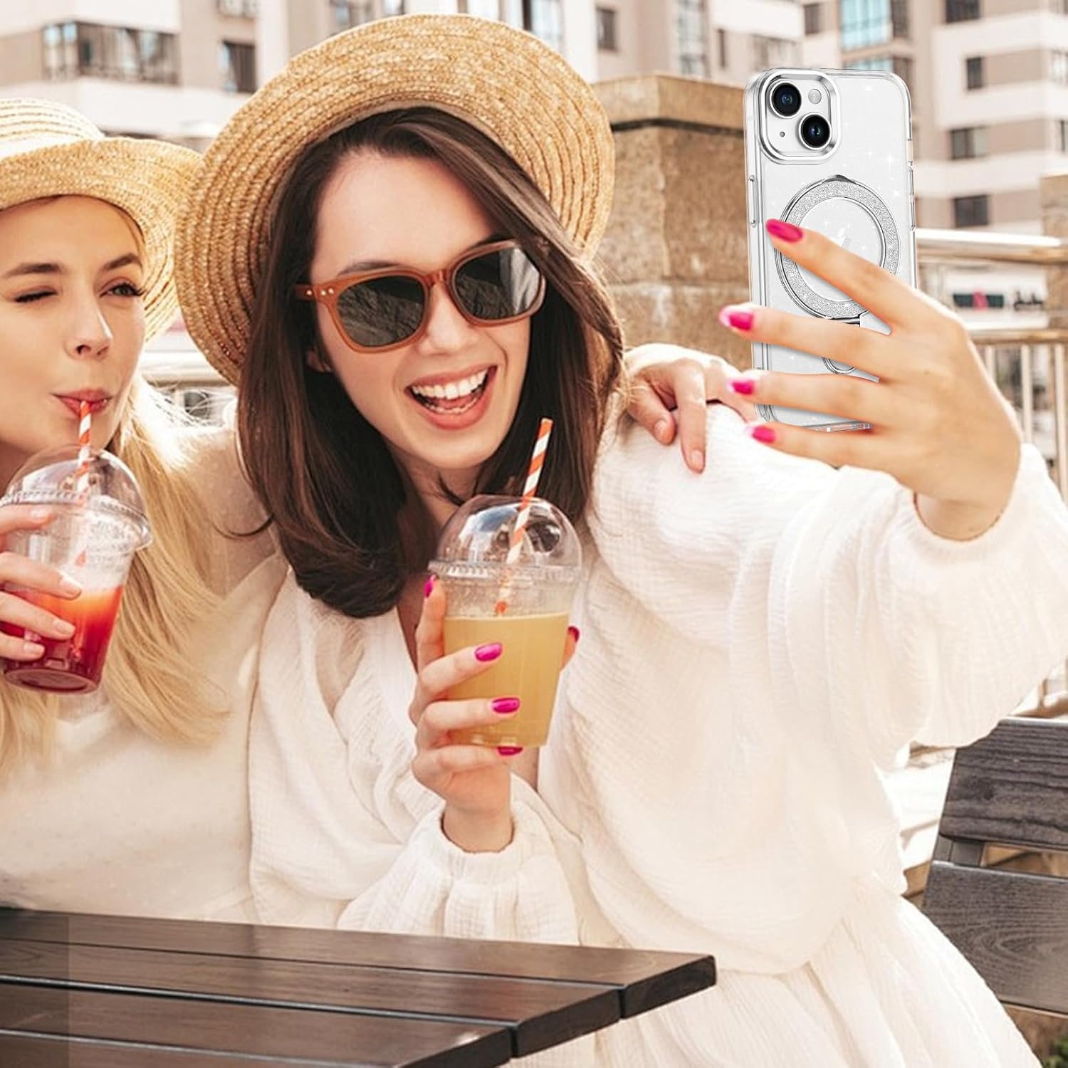 DOMAVER Magnetic Case for iPhone 13 and iPhone 14 with Stand [Compatible with Mag Safe], Glitter Translucent Slim Back Shockproof Protective Soft Cover with Bling Kickstand for iPhone 13/14- Clear - Image 3