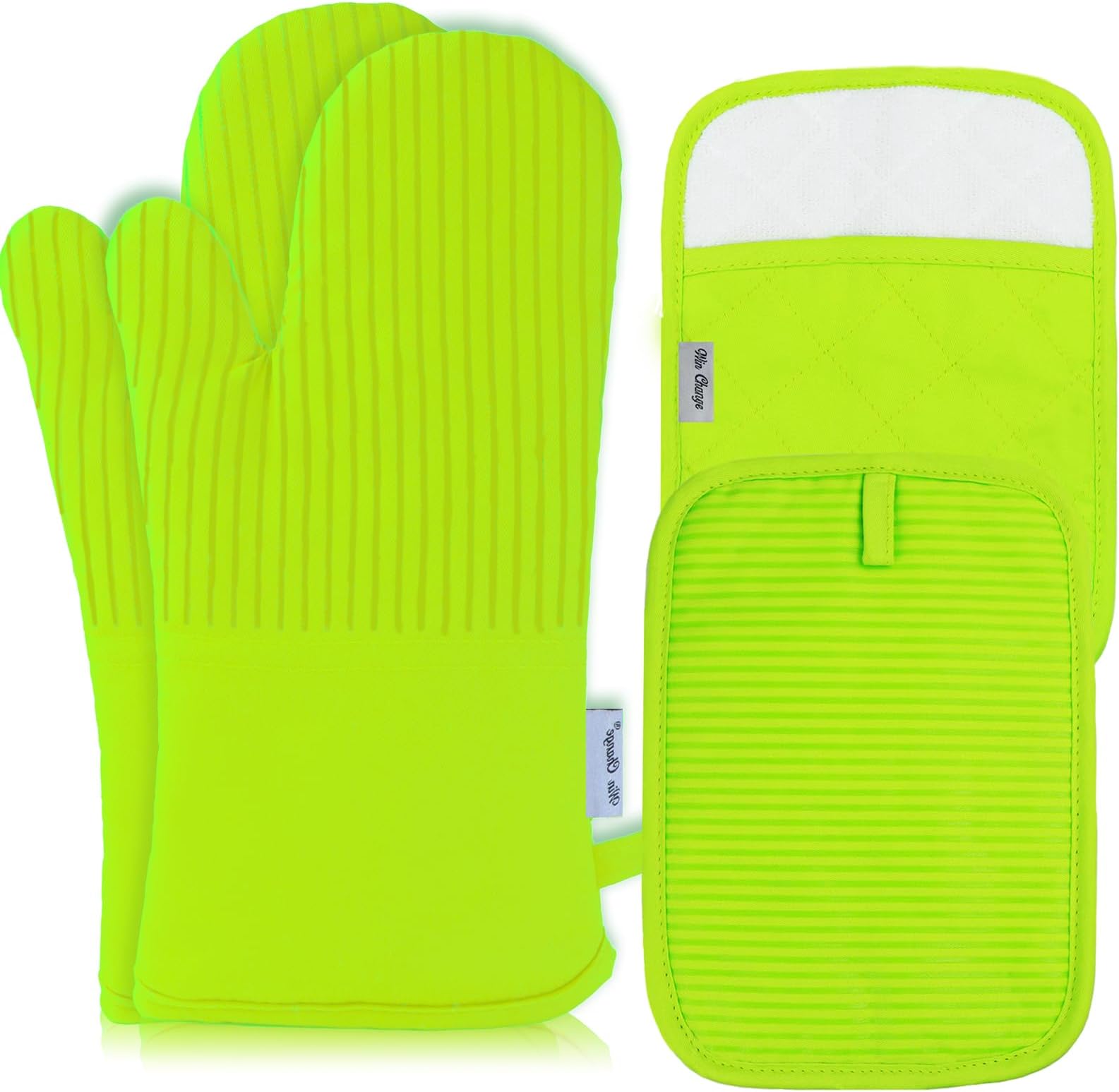 Oven Mitts and Pot Holders Sets with Silicone Heat Resistant,Oven Mitts and Pot Holders Soft Cotton Lining Thick Gloves Pot Holders for Kitchen Baking Cooking,Pack of 4,Green
