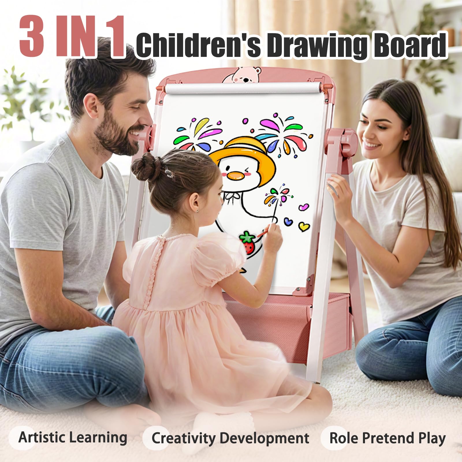 Caballetes para Niños 3 en 1 Pizarra Caballete Pintura Infantil de Doble Cara Plegable con Papel en Rollo Altura Ajustable Giratoria 360°, Pizarra con Caja de Almacenamiento para niños y niñas
