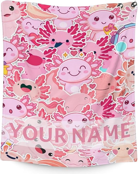 Girl Blanket - 30x40 Inches Personalized Cute Axolotl Throw - Pink Soft Fuzzy Blankets for Couch & Office