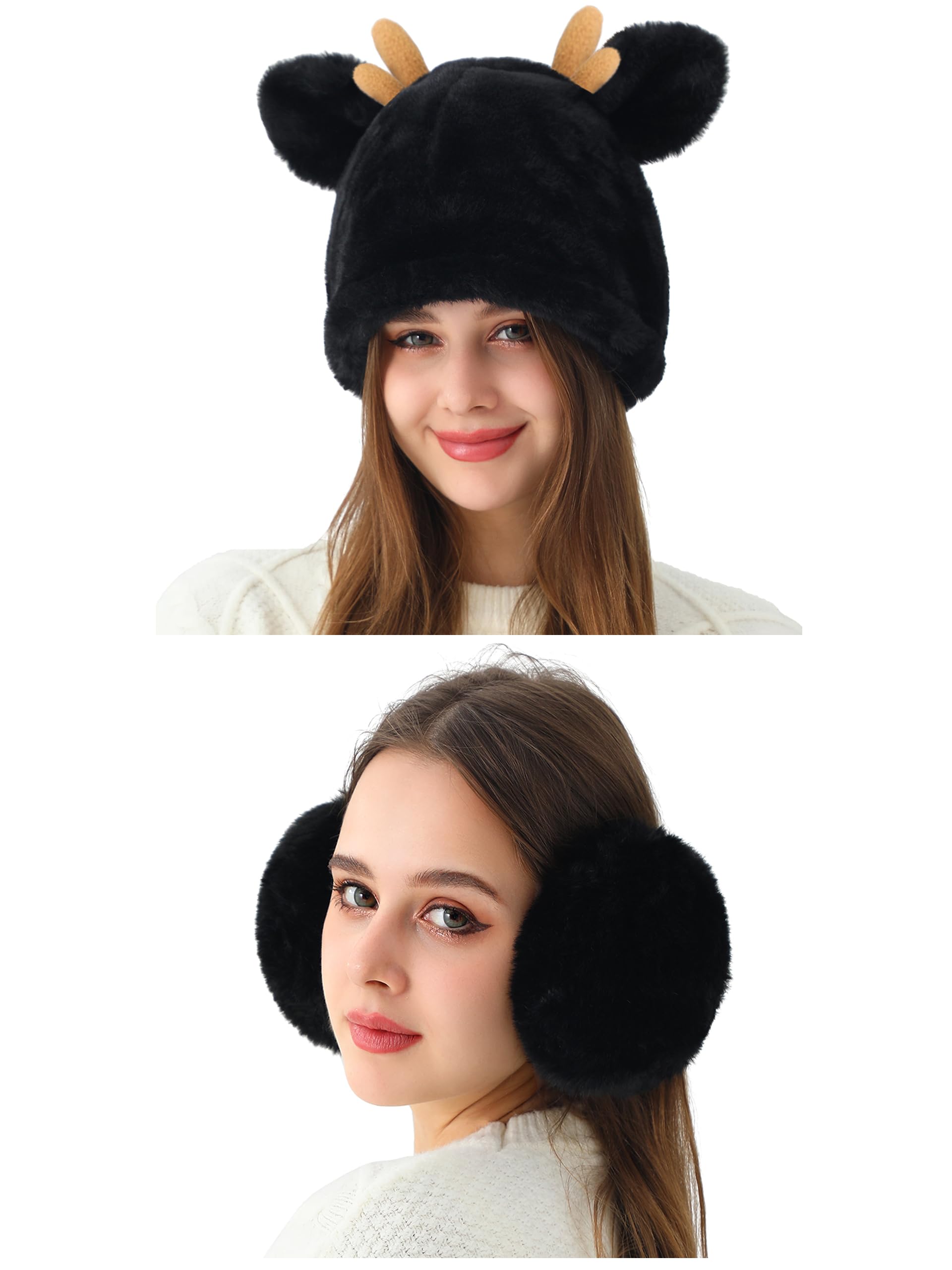 Women's Faux Fur Hats with Animal Ears and Earmuffs for Cold Weather