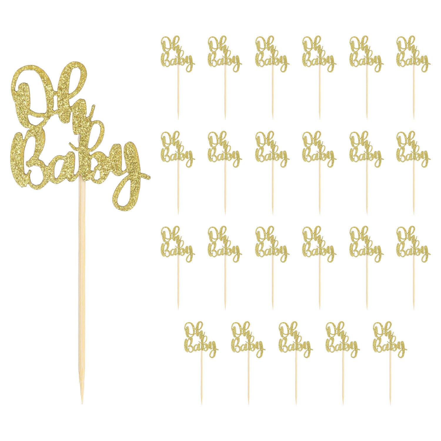 24pcs Oh Baby Cupcake Toppers, Glitter Cake Picks for Boy or Girl Theme Baby Shower - Gold Decorations for Kids Birthday Party Supplies