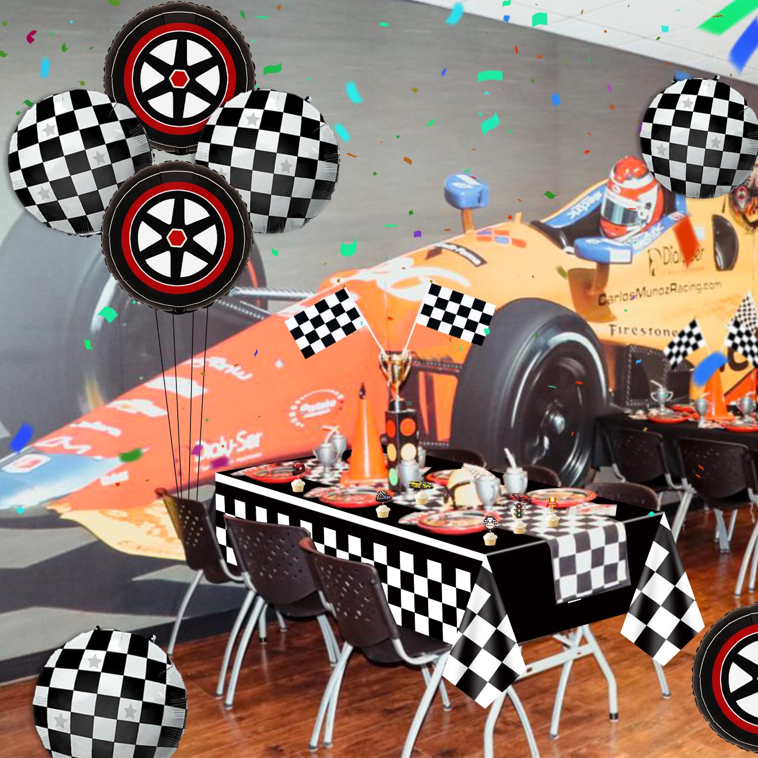 4 Tovaglie Per Feste A Tema Auto Da Corsa - Plastica A Scacchi Bianchi E Neri, 220x130cm, Decorazioni Compleanno Ragazzo - 4