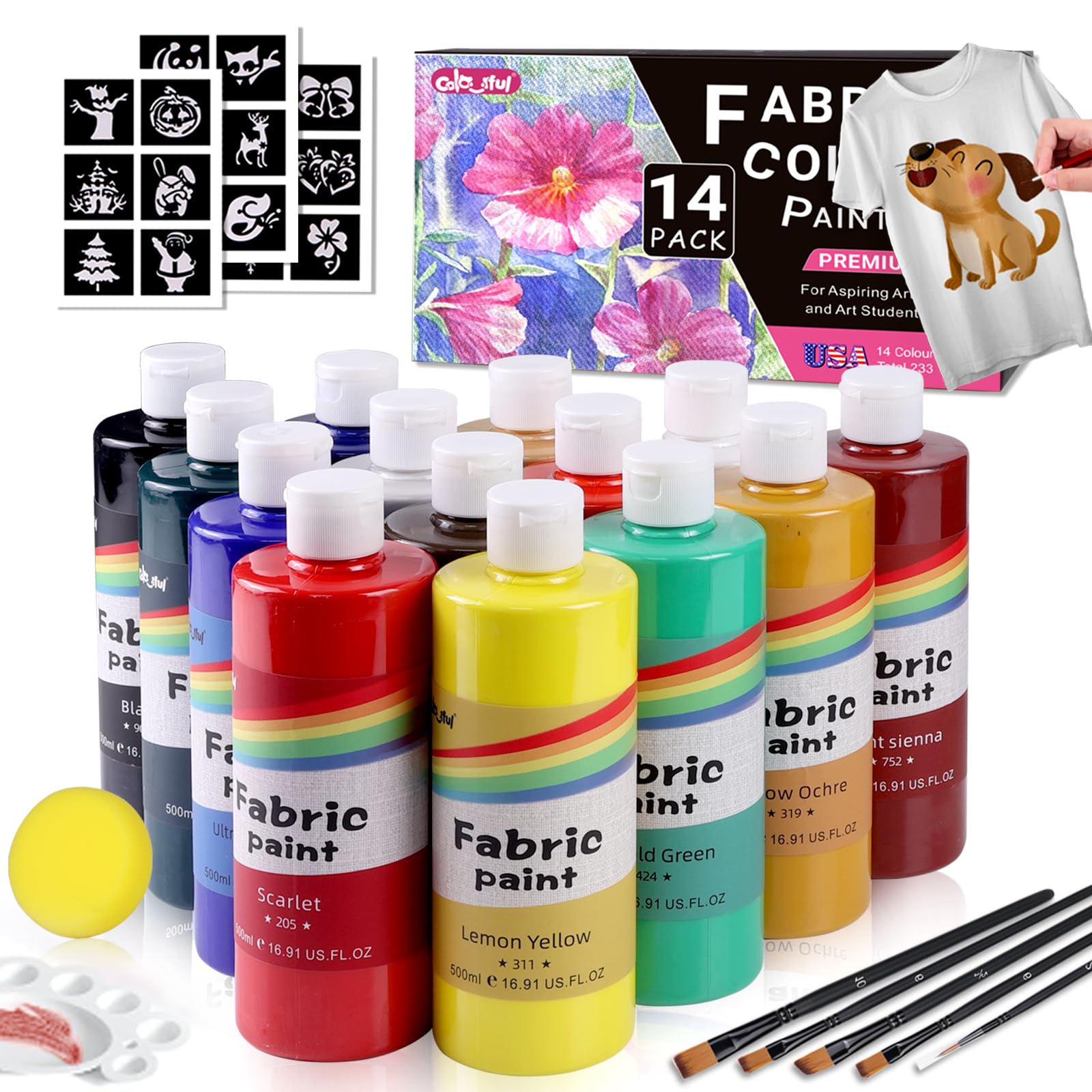 Colorful Set di colori per tessuto, 500 ml, con 14 colori
