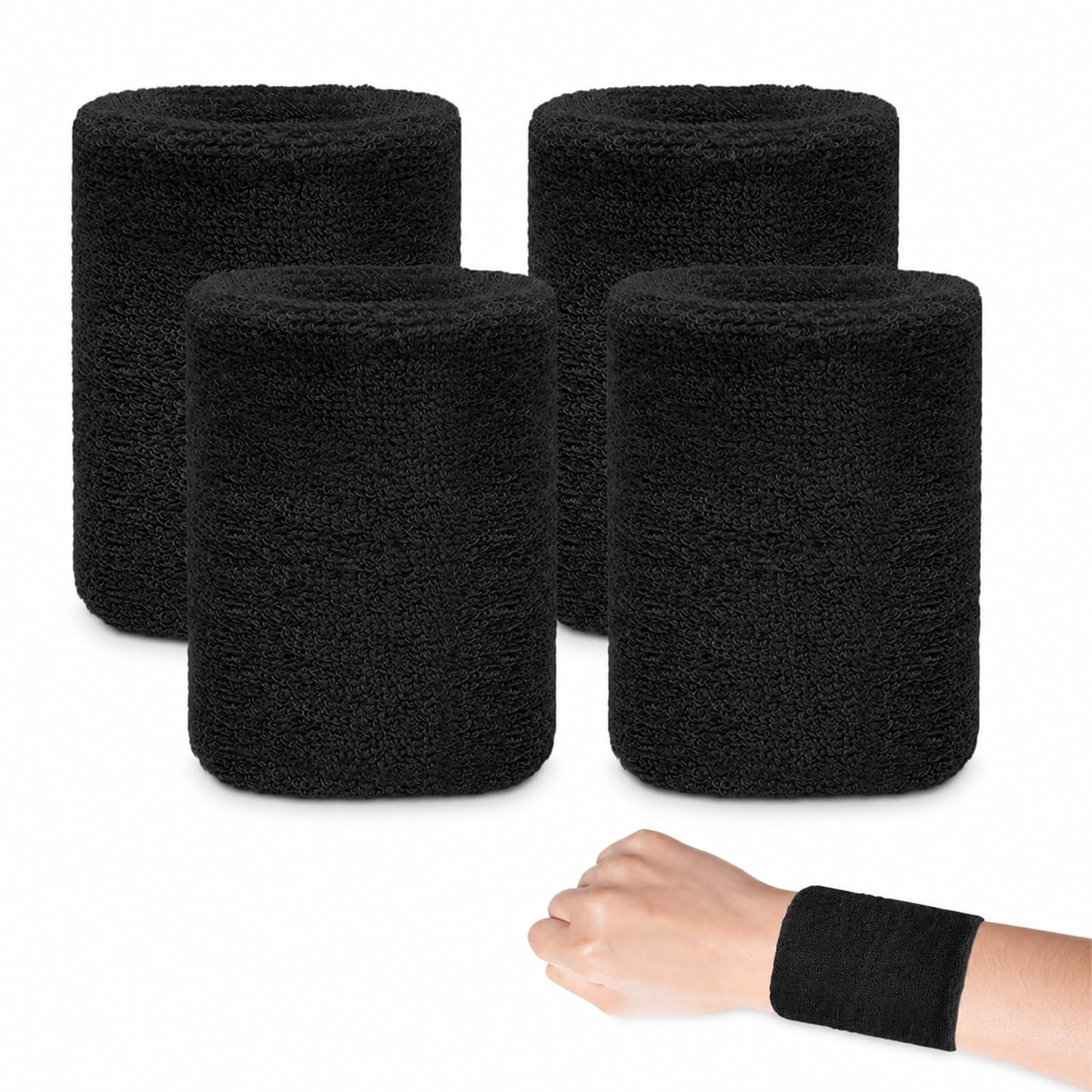 4 Pack Sweat Bands Wristbands, Black Athletic Elastic Cotton Wrist Sweatband for Men Women, for Tennis Running Basketball Gymnastics