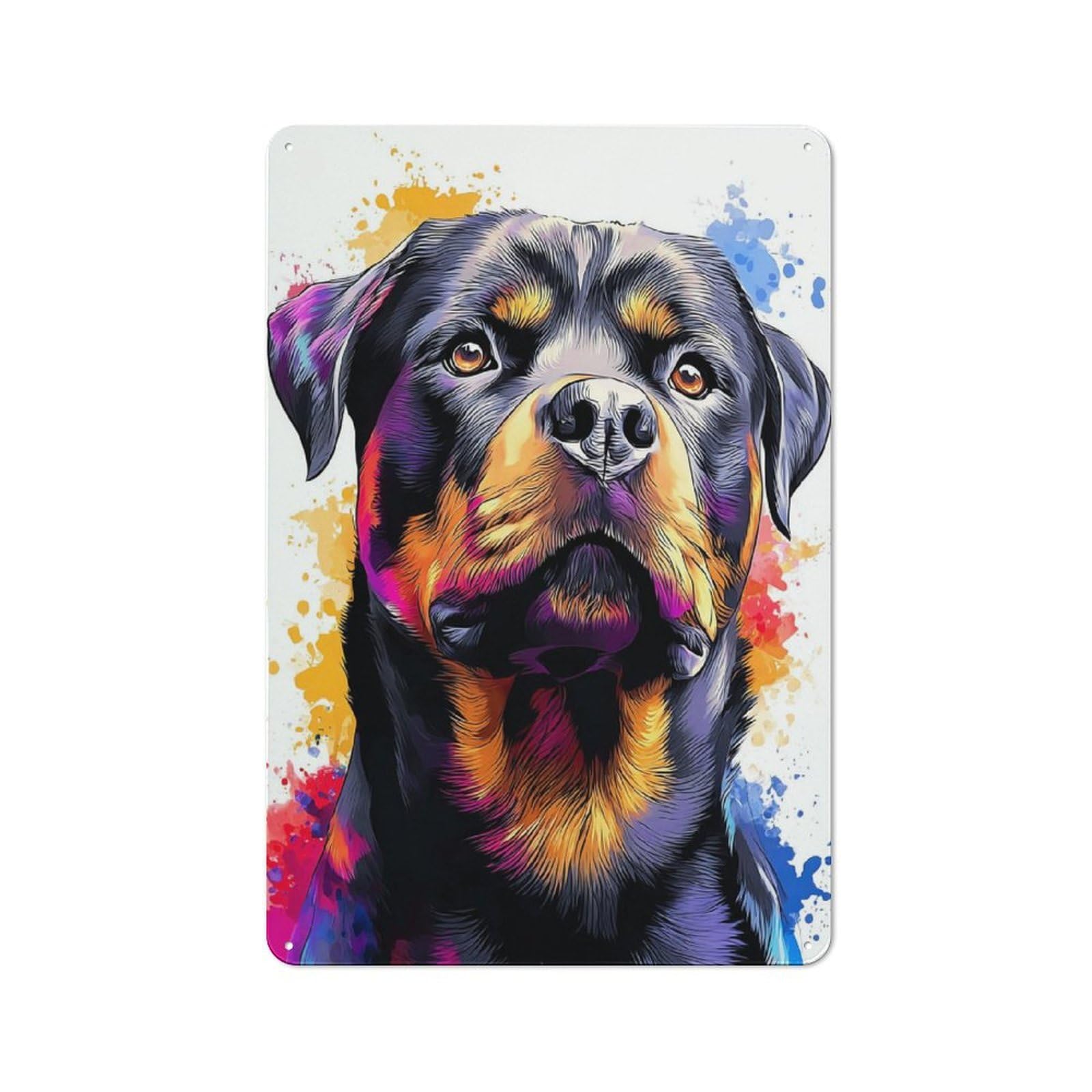 Junmoney Colorful Rottweiler Portrait Art -3 Rustic Tin Wall Plaque 30X20cm For Garage Or Workshop, For Garage Decor Fans, For Retro Home Interiors