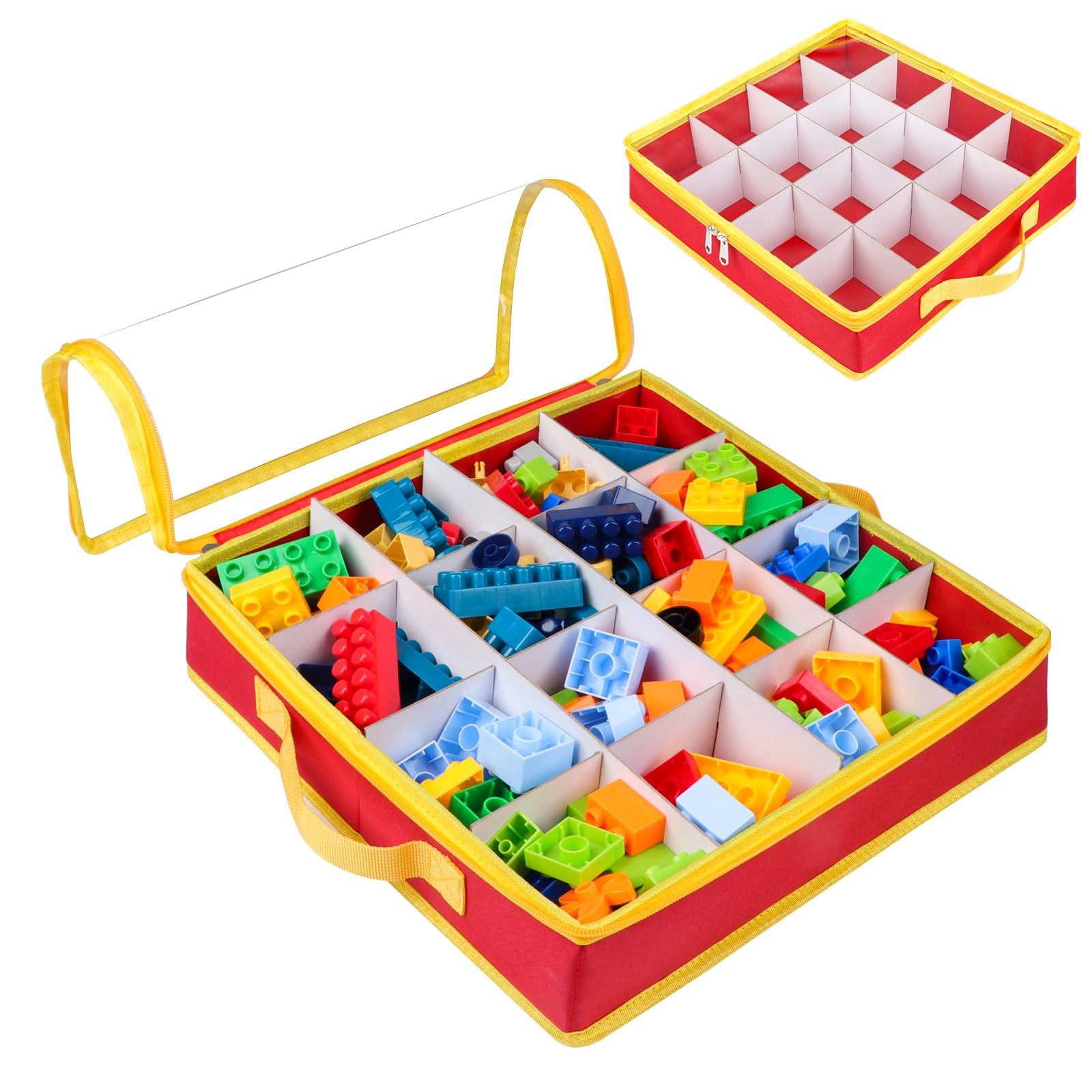 SIYNPAV 16-Slot Toy Storage Bin Organizer Case for Lego Bricks, Foldable Container Storage Box with Clear Lid& DIY Divider for Lego Sorting, Board Games, Building Blocks& Puzzles (Case Only, Red)