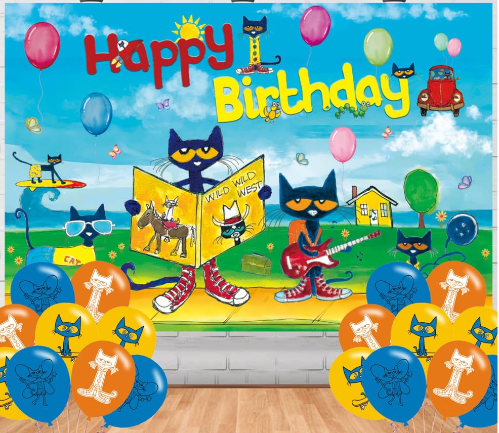 Peter Cat Birthday Party Supplies Backdrop 5x3 Cat Happy Birthday Background Photography Cartoon Cat Party Decorations Banner Photo Booth Props